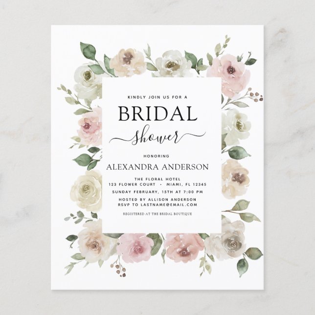 Budget Dusty Rose Pink Bridal Shower Floral Flyer (Front)