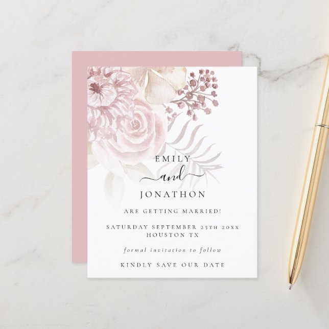 Budget Dusty Rose Pink Florals Save the Date  (Front/Back In Situ)