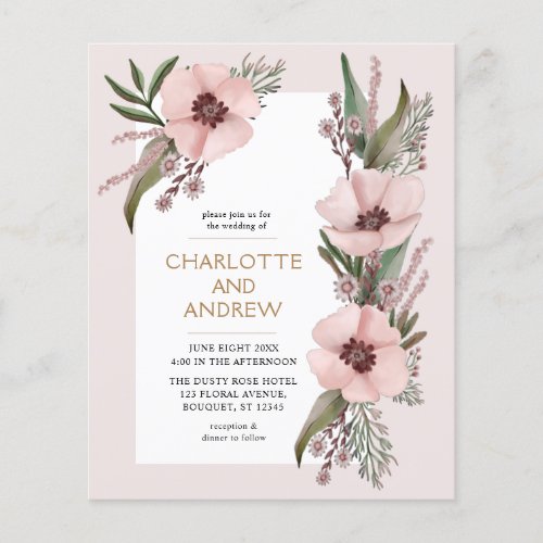 Budget Dusty Rose Pink Gold Floral Wedding Invite
