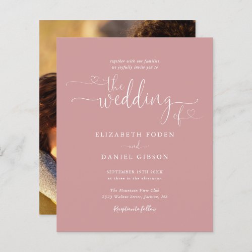 Budget Dusty Rose Script Photo Wedding Invitation