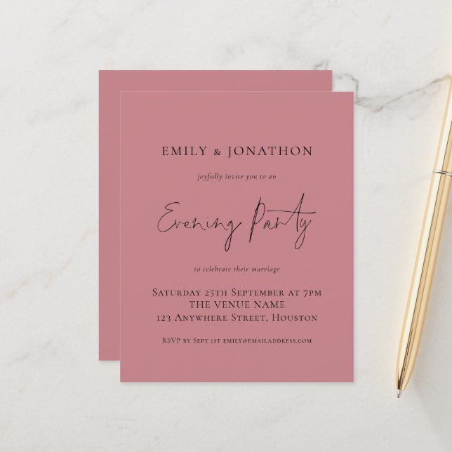 Budget Dusty Rose Wedding Evening Party Invite (Front/Back In Situ)