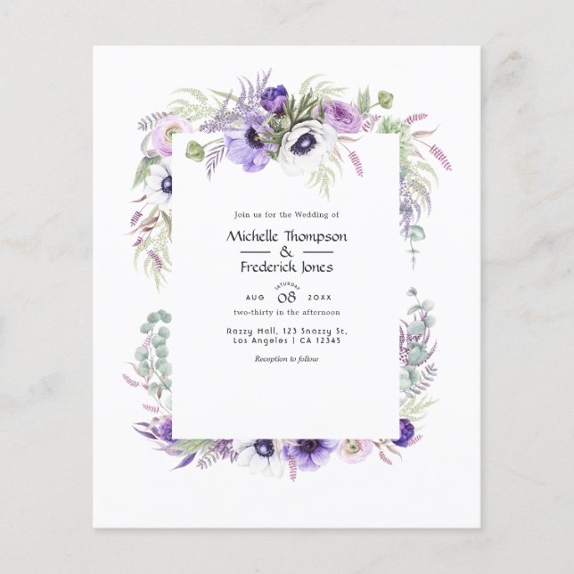 Budget Dusty Violet Wedding Watercolor Floral Flyer (Front)