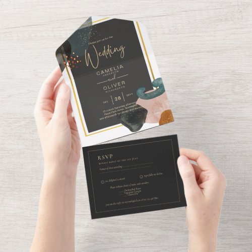 BUDGET Earth Tones Abstract Wedding  All In One Invitation
