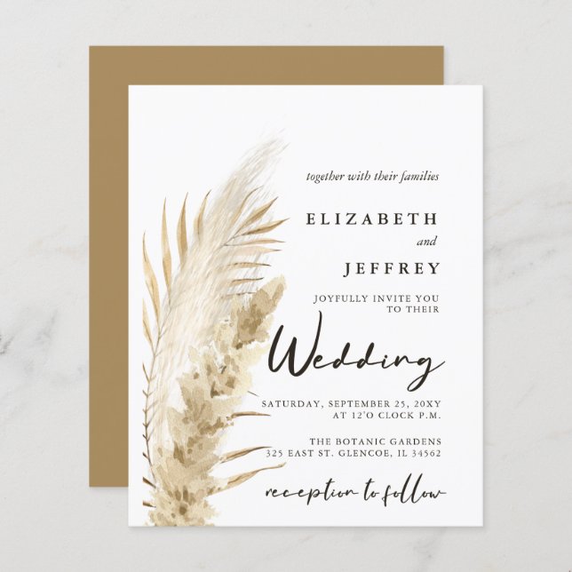 Budget Earthy Boho Pampas Wedding Invitation (Front/Back)