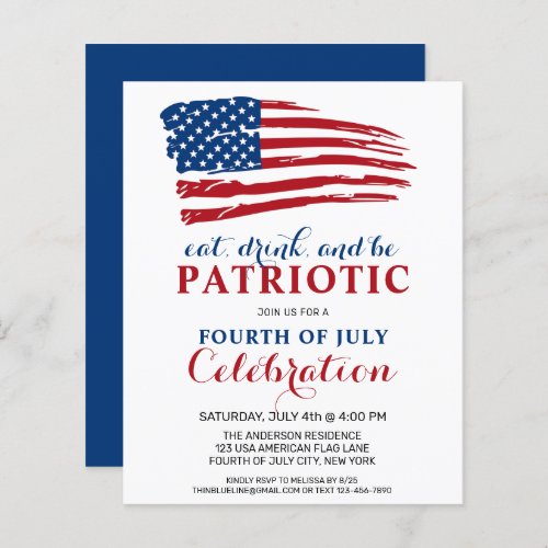 Budget Eat Drink Be Patriotic 4th Of July Party In - USA American Flag 4th of July Party Invitations. Invite friends and family to your patriotic fourth of July celebration with these modern American Flag invitations. Personalize this american flag invitation with your event, name, and party details.
See our collection for matching patriotic 4th of July gifts ,party favors, and supplies. COPYRIGHT © 2021 Judy Burrows, Black Dog Art - All Rights Reserved. Budget Eat Drink Be Patriotic 4th Of July Party In Invitation 