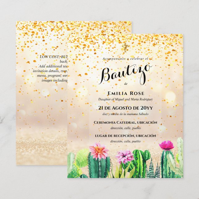 Budget EL BAUTIZO Baptism Christening CACTI Invite (Front/Back)