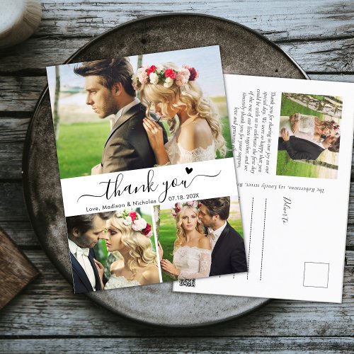 Budget Elegant 3 Photo Collage Wedding Thank You Postcard