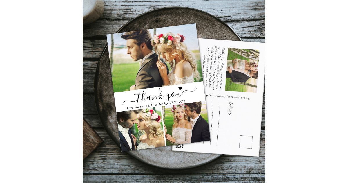 Budget Elegant 3 Photo Collage Wedding Thank You Postcard | Zazzle