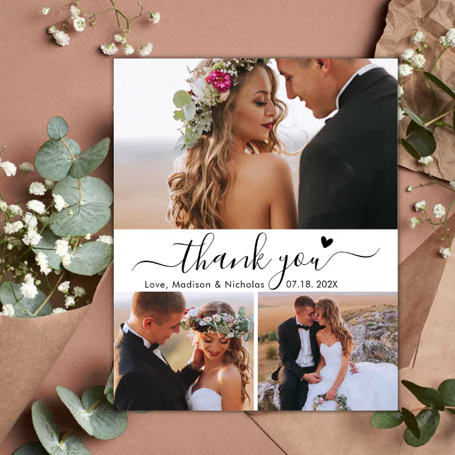 Budget Elegant 3 Photo Collage Wedding Thank You Postcard | Zazzle