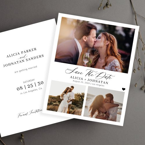 Budget elegant 3 photo wedding save the date card