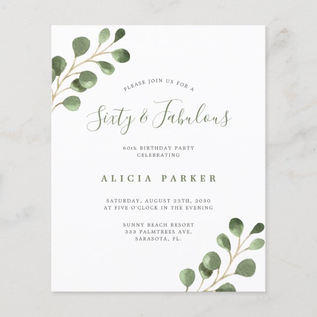Budget elegant 60 years birthday party invitation (Front)