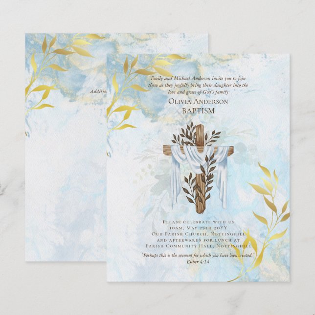 BUDGET Elegant BAPTISM Invite Aqua Blue Gold (Front/Back)
