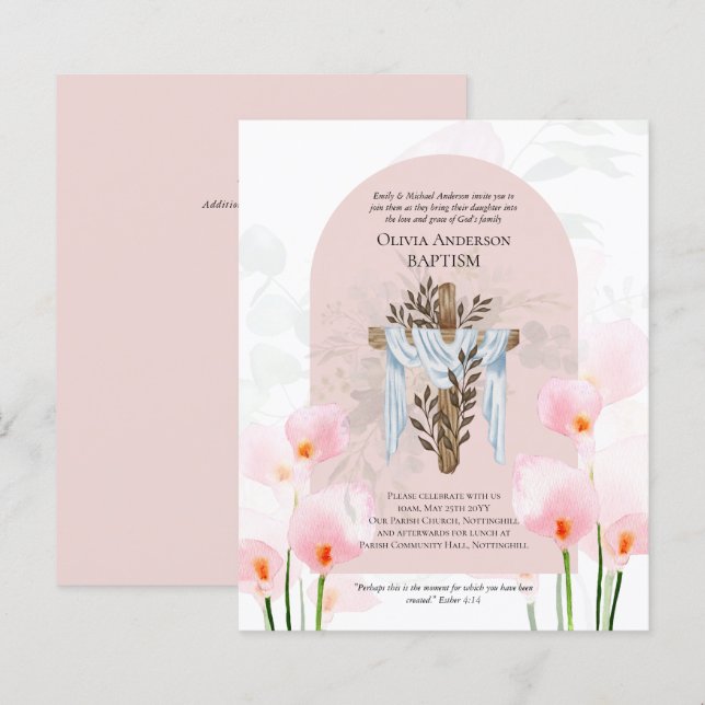 BUDGET Elegant BAPTISM Invite Pink Calla Lilys (Front/Back)