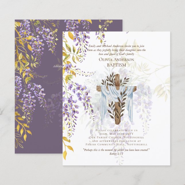 BUDGET Elegant BAPTISM Invite Wisteria Purple (Front/Back)