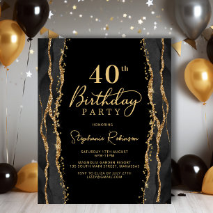 Budget Elegant Black Gold 40th Birthday Invitation