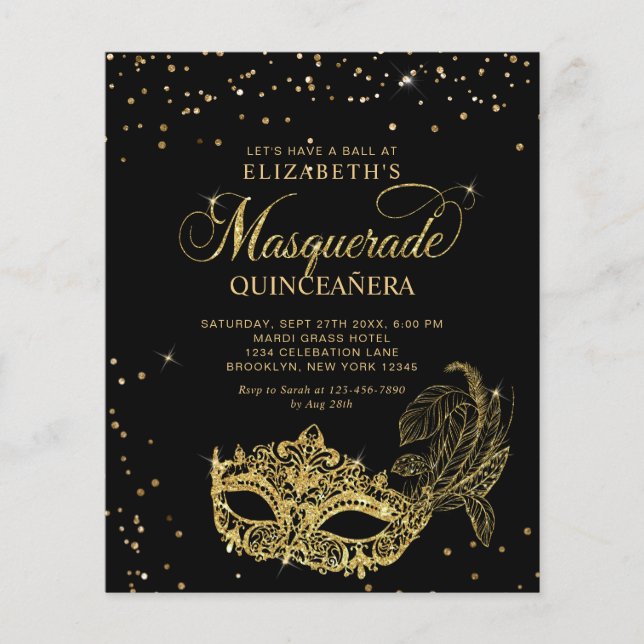 BUDGET Elegant Black Gold Masquerade Quinceañera (Front)