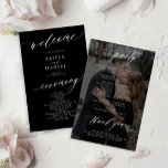 Budget elegant black photo wedding program<br><div class="desc">Modern simple minimalist white script trendy solid black ceremony and party BUDGET affordable wedding program template featuring chic trendy romantic elegant calligraphy and custom photo dark overlay on the backside.              Easy to personalize with your custom text and picture on both sides!</div>