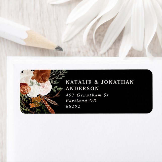 Budget elegant black terracotta floral wedding lab label (Insitu)