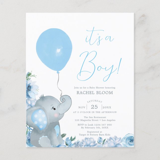 Budget Elegant Blue Elephant Boy Baby Shower Flyer (Front)