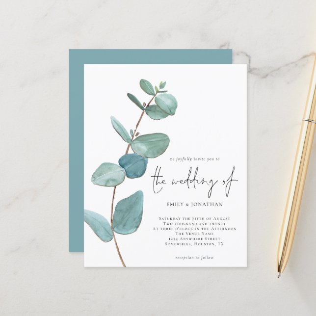Budget Elegant Blue Eucalyptus Wedding Invitation (Front/Back In Situ)