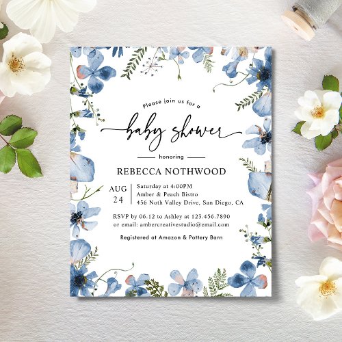 Budget Elegant Blue Floral Baby Shower Invitation
