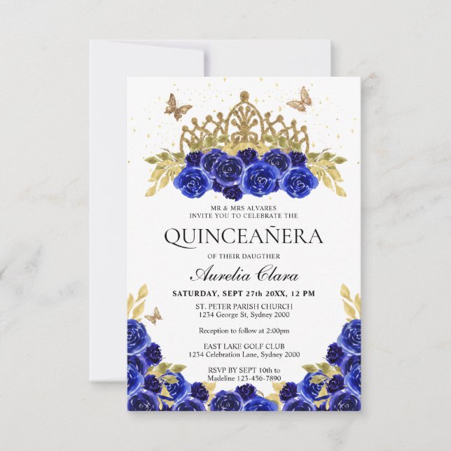 Budget Elegant Blue Floral Gold Tiara Quinceanera Note Card (Front)