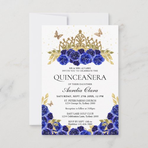 Budget Elegant Blue Floral Gold Tiara Quinceanera Note Card