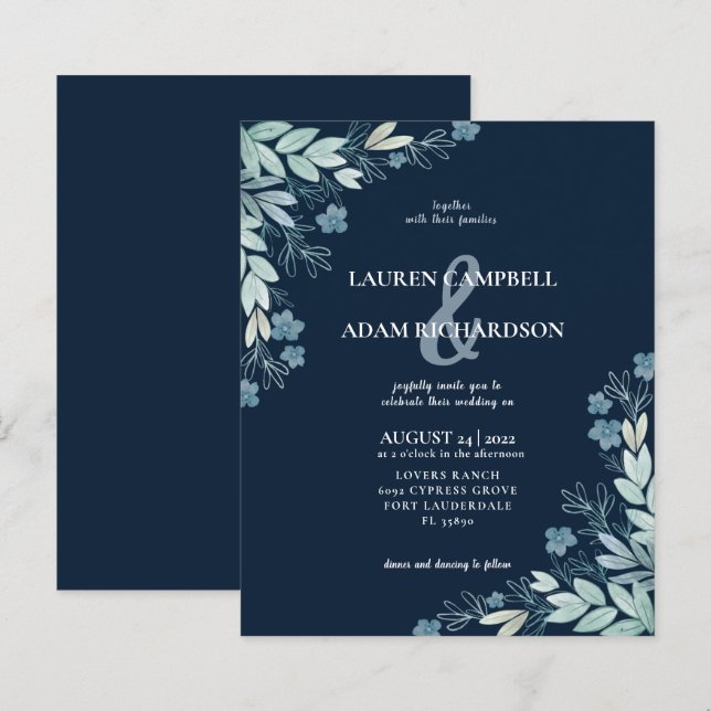 Budget Elegant  Blue Foliage Wedding Invitation (Front/Back)
