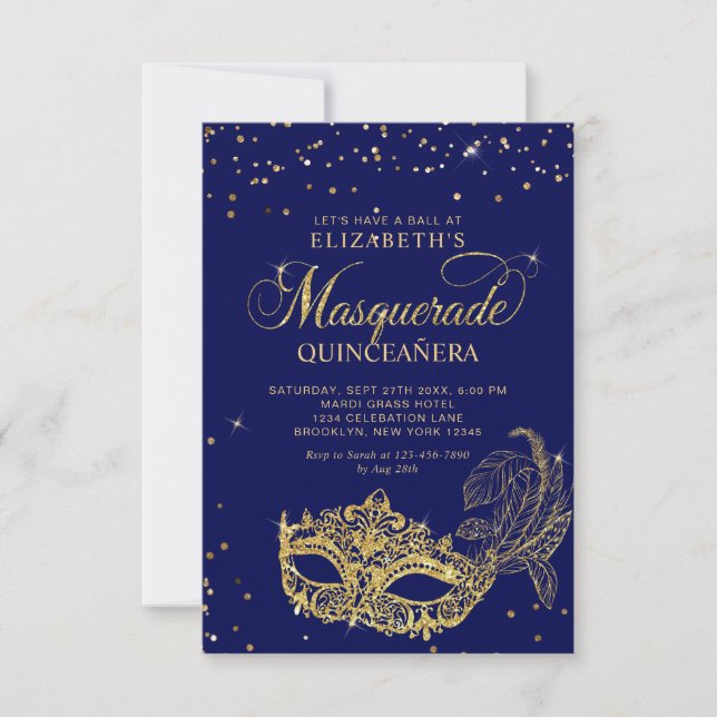 BUDGET Elegant Blue Gold Masquerade Quinceañera Note Card (Front)