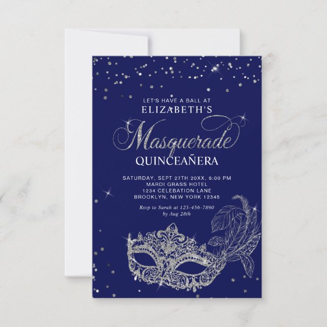 BUDGET Elegant Blue Silver Masquerade Quinceañera Note Card (Front)