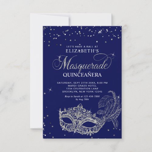 BUDGET Elegant Blue Silver Masquerade Quinceaera Note Card