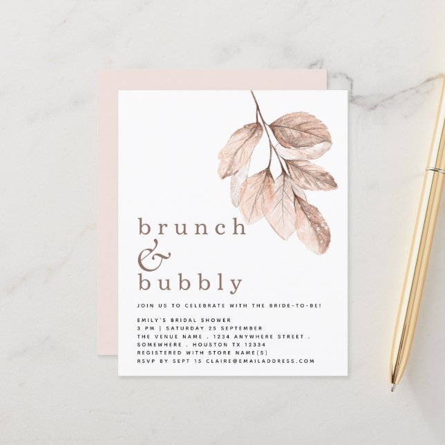 Budget Elegant Blush Foliage Bridal Shower Invite (Front/Back In Situ)