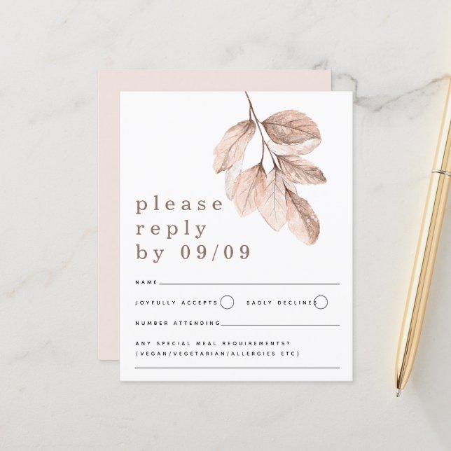 Budget Elegant Blush Leaves Wedding RSVP (Front/Back In Situ)