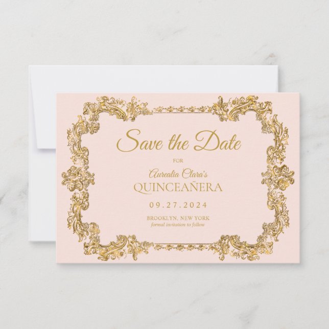 BUDGET Elegant Blush Pink Gold Frame Quinceanera Note Card (Front)