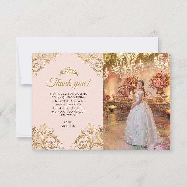 BUDGET Elegant Blush Pink Gold Photo Quinceañera Note Card (Front)