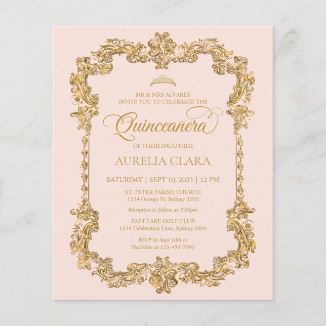 BUDGET Elegant Blush Pink Gold Tiara Quinceanera (Front)