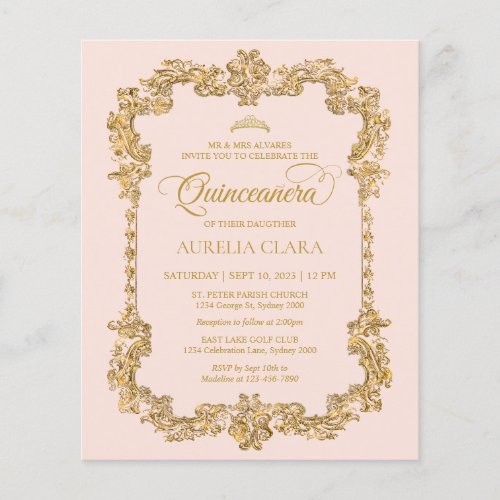 BUDGET Elegant Blush Pink Gold Tiara Quinceanera