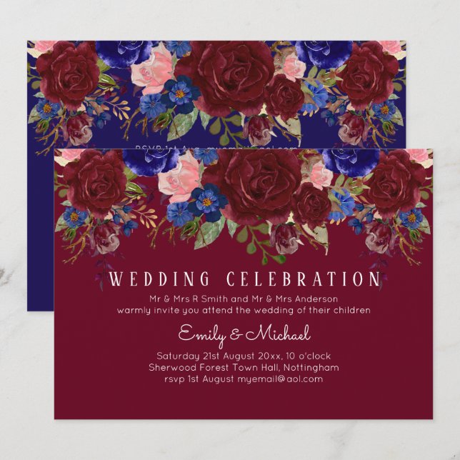 BUDGET Elegant Burgundy Blue Floral Wedding Invite (Front/Back)