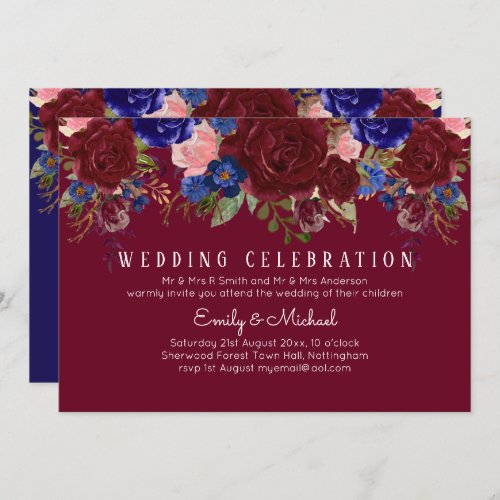 BUDGET Elegant Burgundy Blue Floral Wedding Invite