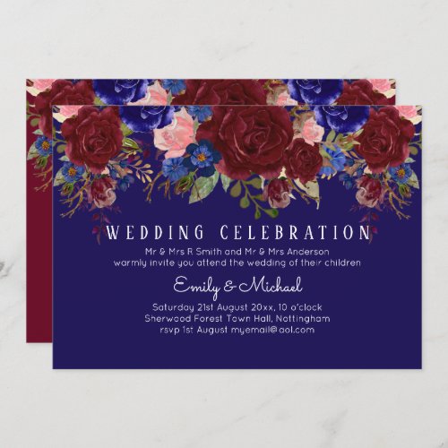 BUDGET Elegant Burgundy Blue Floral Wedding Invite