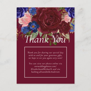 Budget Elegant Burgundy Blue Floral Wedding Postcard