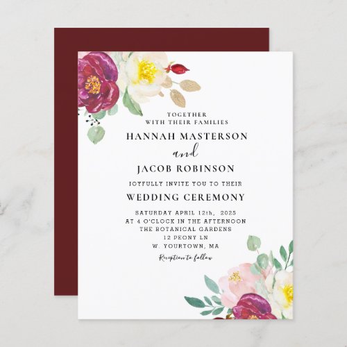 Budget Elegant Burgundy Floral Wedding Invitation