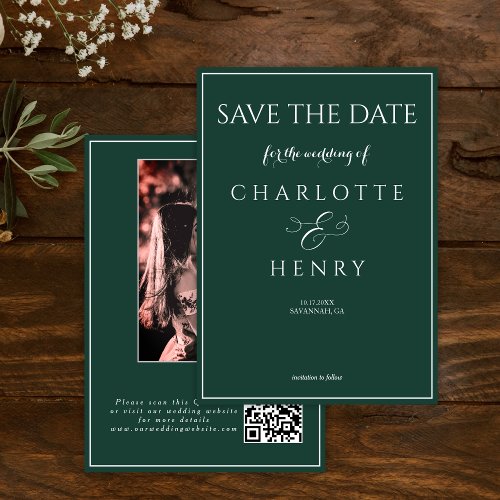 Budget Elegant Calligraphy Green Photo QR Code  Save The Date