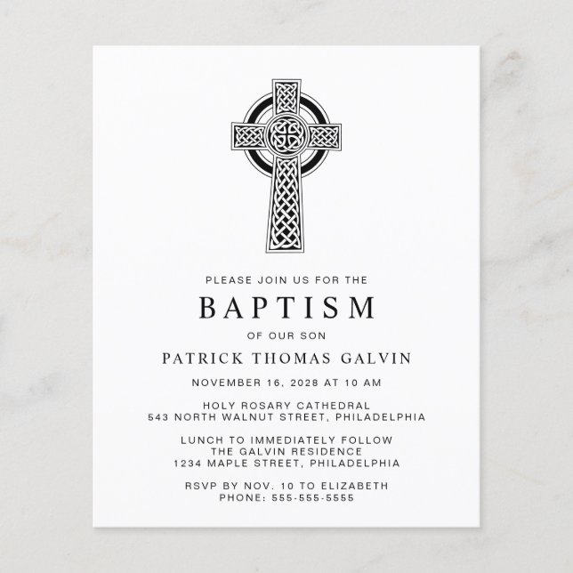 Budget Elegant Celtic Cross Baptism Invitation (Front)