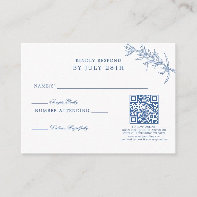 BUDGET Elegant Classic Blue Floral Wedding QR Code Enclosure Card (Front)