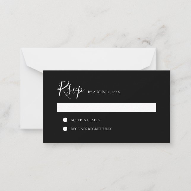 BUDGET Elegant Clean Minimalist Black Wedding RSVP Note Card (Front)
