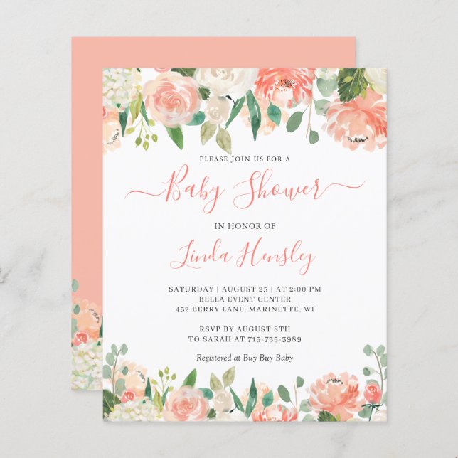 Budget Elegant Coral Floral Baby Shower Invitation (Front/Back)