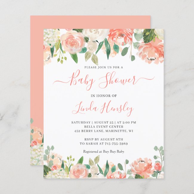 Budget Elegant Coral Floral Baby Shower Invitation