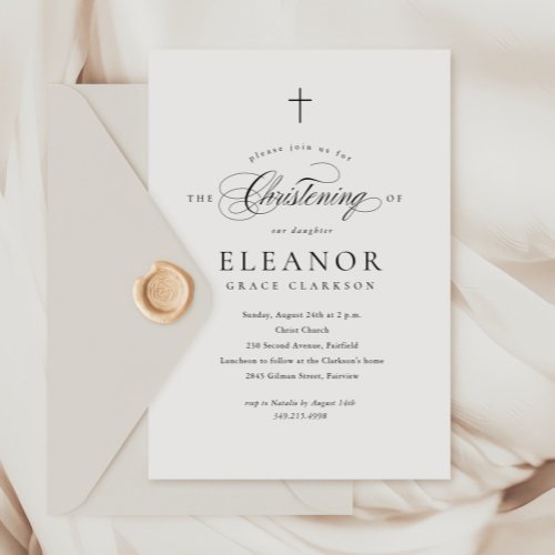 Budget Elegant Cross Calligraphy Christening Invitation