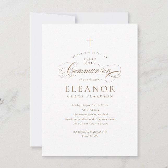 Budget Elegant Cross Calligraphy First Communion Invitation (Front)